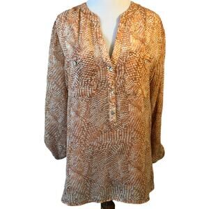 Womens Tunic Blouse Sz M Semi Sheer Peach Animal Print Camisole Roll Tab Sleeves